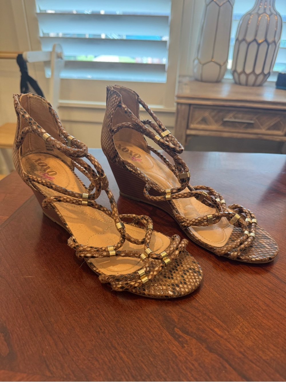 XOXO Brown Snake-Print Braided Wedge Sandals